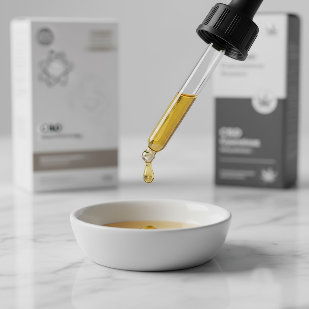 A droplet of CBD oil falls into a small white bowl.